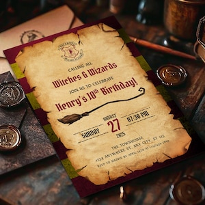 Faire-part d&#39;anniversaire sorcier modifiable, invitation à une fête sorcier, invitation sorcières, anniversaire magique, téléchargement numérique, modèle de toile imprimable