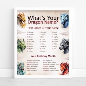 May include: A framed print with the text "What's Your Dragon Name?" and lists of names and months. The print features watercolor illustrations of dragons in shades of gold, blue, green, and red. The print is in a white frame.