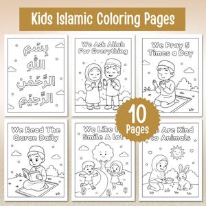 May include: A set of black and white coloring pages for kids with Islamic themes. The pages feature illustrations of children praying, reading the Quran, and other activities. The text "Kids Islamic Coloring Pages" is at the top.