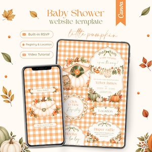 Puede incluir: Una plantilla de sitio web para baby shower con fondo de cuadros vichy naranja y blanco, ilustrada con calabazas y hojas de otoño. La pantalla muestra texto que incluye "A Little Pumpkin is on the way!" y "Velvet James" en tableta y teléfono.