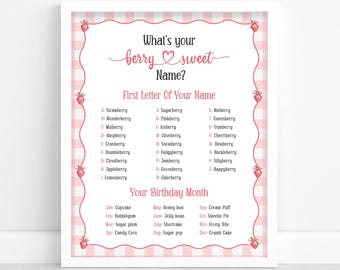Whats your Berry Name Game Berry First Birthday Party Ice Breaker Game Pink Berry Sweet Baby Shower Game Printable Strawberry Activity Sheet