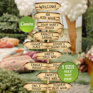 May include: A wooden directional signpost with multiple arrow signs pointing in different directions. The signs feature text like "Welcome," "Pooh Bear's House," and "Rabbit's Garden." A green circle with the word "Canva" is on the left. The sign is available in 3 sizes: 11x8.5", 14x11", and 20x16".