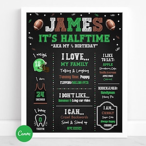 May include: A framed chalkboard-style print with the name "JAMES" in green and brown. The print includes information about the child's likes, dislikes, and nicknames. The text "IT'S HALFTIME" is displayed prominently, along with the child's age in inches.