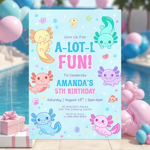 Axolotl Birthday Invitation, Alotl Fun Party Invite, Editable Axolotl Birthday Boy Invite Under The Sea Birthday  Invite Thank You Favor Tag