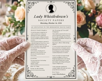 Bearbeitbare Lady Whistledown Paper Canva Vorlage, Bridgerton Watch Party Einladung, Lady Whistledown Society Papers, Regency Tea Party Invite