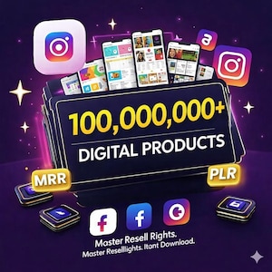 Puede incluir: Gráfico promocional con fondo morado oscuro y el texto "100.000.000+ PRODUCTOS DIGITALES". Smartphones muestran interfaces de aplicaciones. Iconos de Instagram, Facebook y un logo G, con las abreviaturas "MRR" y "PLR". El texto "Master Resell Rights" también es visible.