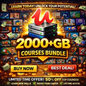 May include: Promotional graphic with the text "LEARN TODAY! UNLOCK YOUR POTENTIAL!" and "2000+GB COURSES BUNDLE." The image features a stack of three server units, a red "U" logo, and various screens with video content. Includes "BUY NOW" and "BEST DEAL!" buttons.