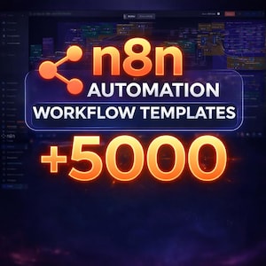 Puede incluir: Gráfico digital con el texto "n8n AUTOMATION WORKFLOW TEMPLATES +5000" en naranja y blanco. El logotipo de n8n es una red de círculos y líneas naranjas. El fondo es azul oscuro con una interfaz borrosa.