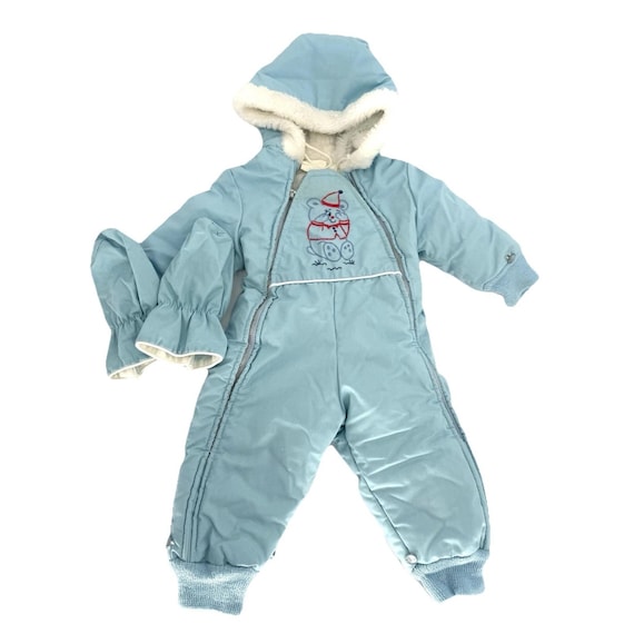 Quiltex Vintage Toddler Snow Suit 12M Insulated Detachable Gloves Blue Bear USA