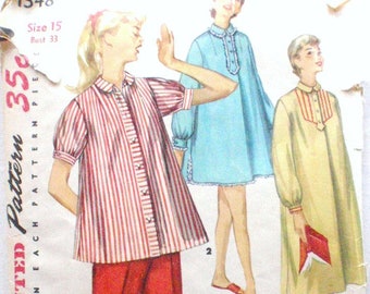 Size 15, Bust 33 Vintage 50s Juniors Pajamas and Nightgown Sewing Pattern - Simplicity 1348