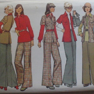 May include: Vintage Simplicity sewing pattern 5797 featuring several women's outfits. The outfits include shirts, blouses, and flared pants. The pattern includes measurements: Bust 36 inches, Waist 28 inches. The pattern is for Misses sizes.