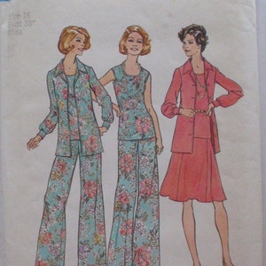 May include: Vintage Simplicity sewing pattern 6854. The illustration shows three women in different outfits. One woman is wearing a coral-colored dress and jacket. The other two are wearing matching floral print outfits in shades of blue, pink, and green. The pattern is size 16, bust 38 inches.