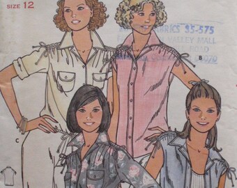 Size 12, Bust 34 Sewing Pattern - Button Front Shirt With Drawstring Shoulders - Quick Butterick 6107 - Uncut