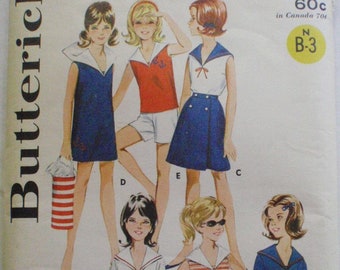 Girls Vintage Sewing Pattern - Shift Dress, Middy Blouse, Pants or Shorts and Wrap Skirt - Butterick 3093 - Size 7, Breast 25 - Uncut