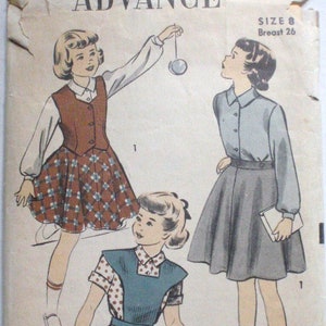 May include: Vintage Advance sewing pattern 5915, size 8, featuring illustrations of three different schoolgirl outfits. The outfits include a plaid skirt and vest, a button-down shirt and skirt, and a dress with a polka dot top.