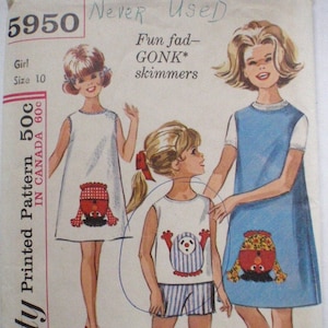 May include: Vintage Simplicity sewing pattern 5950 for girls' "Fun fad-GONK* skimmers." The pattern features illustrations of three girls wearing dresses and a top with shorts, all with whimsical appliqués. The pattern is size 10.