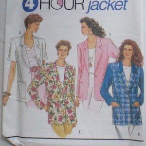 May include: Simplicity sewing pattern for a 4-hour jacket. The pattern features illustrations of jackets in various styles, including a floral print, a pink blazer, and a blue plaid design. The pattern number is 8301.