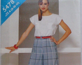 Butterick 5478 - Side Buttoned Culottes and Pullover Top - See and Sew Pattern - Sizes 8-10-12, Waist 24-25-26 1/2 - Uncut