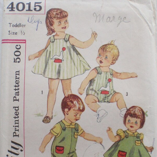 Toddler Girls and Boys Blouse, Sunsuit, Dress or Jumper Sewing Pattern - Simplicity 4015 - Size 1/2, Breast 19