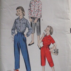 May include: A vintage sewing pattern for girls' clothing. The pattern includes three different styles: a red jumpsuit, a blue shirt and pants, and a white shirt with a black and red pattern. The pattern is for size 6 and is from Advance pattern number 7739.