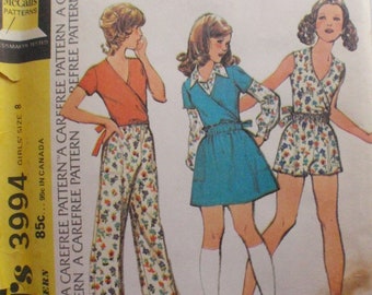 Girls Size 8 Front Wrap Top, Skirt and Pants - 1970s Sewing Pattern - McCalls 3994 - Breast 27 - Uncut