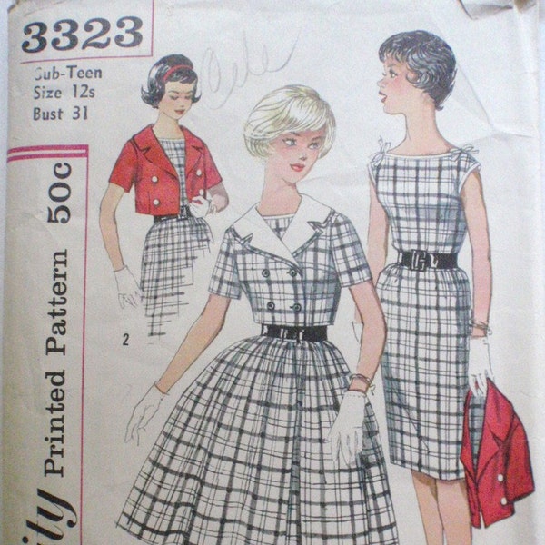 Simplicity 3323 - 1960s Vintage Bateau Neck Dress and Short Jacket Sewing Pattern - SubTeen Size 12S, Bust 31 - NO INSTRUCTIONS