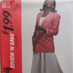 May include: A McCall's sewing pattern envelope 5915 featuring a pink blazer with a white top and a light gray A-line skirt. The red side panel displays the text Easy Stitch 'N Save, the number 5915, and size A (10-12-14-16) in black text.
