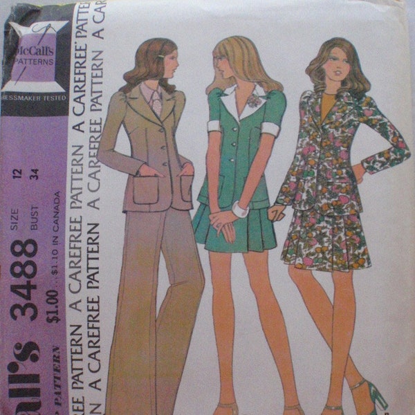 McCalls 3488 Carefree Sewing Pattern - Three Piece Suit - Unlined Jacket, Pleated Skirt, Wide Leg Pants  - Size 12, Bust 34 - Uncut