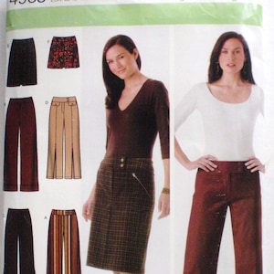 May include: Simplicity pattern 4965 for women's clothing, including skirts and trousers. The image shows a woman in a brown skirt and a white top with brown trousers. The pattern size is P5, with sizes 12, 14, 16, 18, and 20. Measurements are EUR 38-46 and FR 40-48.