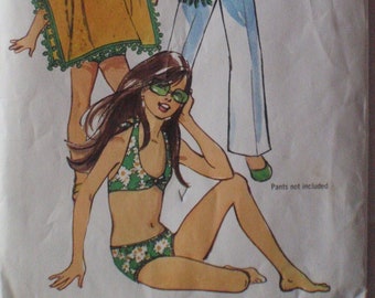 SALE - Girls 1970s Vintage Pattern - Poncho and Bikini - Simplicity 9392 - Size 6, Breast 25