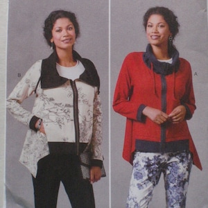 May include: A sewing pattern package with two jacket designs. The package includes the text "B6569 Butterick kAtheRine Tilton" and a barcode. One jacket is red with navy trim, the other is cream with a black floral print.