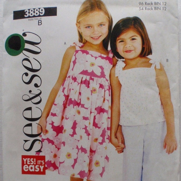 Girls Dress, Top and Pants Easy Sewing Pattern - See and Sew Butterick 3889 - Sizes 6-7-8, Breast 25-27 - Uncut