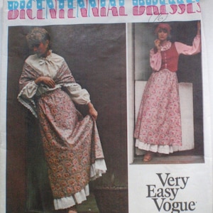 May include: Vintage sewing pattern for "Bicentennial Dresses" featuring two women modeling dresses. The dresses have floral patterns, ruffles, and a colonial style. The pattern is from Very Easy Vogue, with the number 1469.