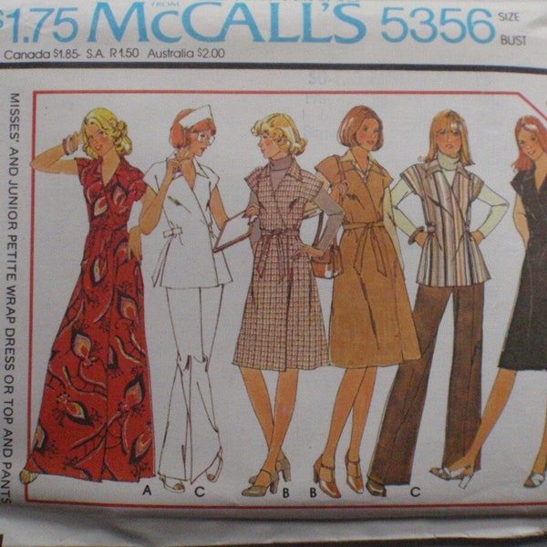 McCalls 5356 - Easy 1970s Wrap Dress or Top and Pants Pattern - Size 12, Bust 34 - Uncut