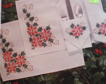 Bucilla Gallery of Stitches Embroidery Kit - Set of 4 Cross Stitch Poinsettia Placemats and Napkins