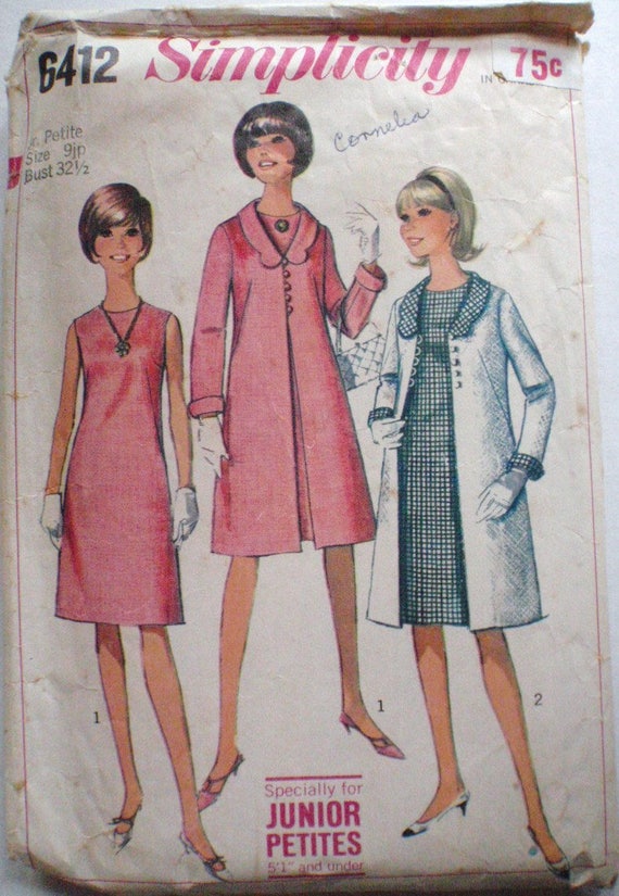 Simplicity 6412 - Vintage Junior Petite A-line Shift Dress and Coat - Size  9JP, Bust 32 1/2 - MISSING UPPER COLLAR - Etsy