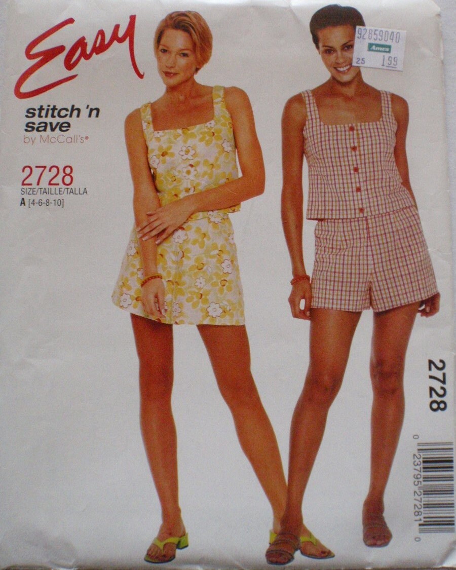 McCalls 2728 Easy Stitch N Save Sewing Pattern for Top and Shorts Set - Sizes 4-6-8-10, Bust 29 1/2 - 32 1/2 - Uncut