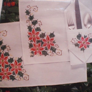 Bucilla Gallery of Stitches Embroidery Kit - Set of 4 Cross Stitch Poinsettia Placemats and Napkins image 2