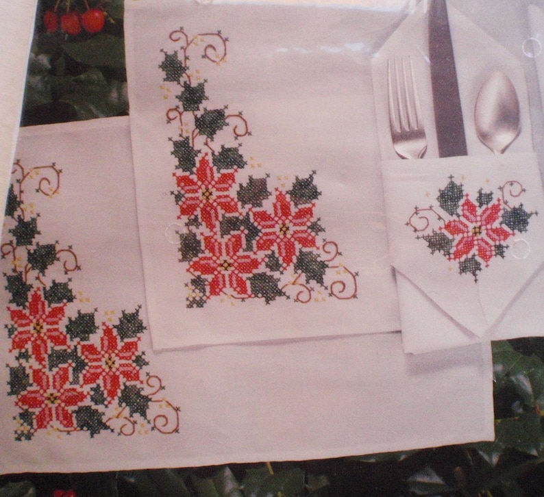 Bucilla Gallery of Stitches Embroidery Kit - Set of 4 Cross Stitch Poinsettia Placemats and Napkins image 2