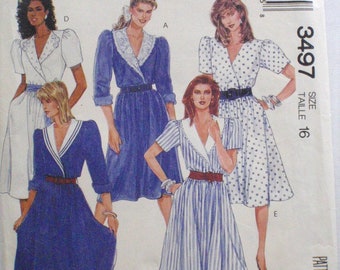 McCalls 3497 Fashion Basics Mock Wrap Dress With Collar Variations - 1980s Sewing Pattern - Size 16, Bust 38