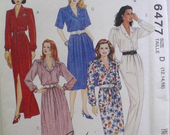 Easy McCalls 6477 Sewing Pattern - Button Front Shirt Dress and Jumpsuit - Sizes 12-14-16, Bust 34 - 38 - Uncut