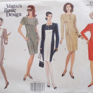 May include: Vogue's Basic Design pattern 2734 featuring illustrations of five different dress designs. The dresses vary in style, including a sheath dress, a color-blocked dress, and a long-sleeved dress. The pattern size is 8-10-12.