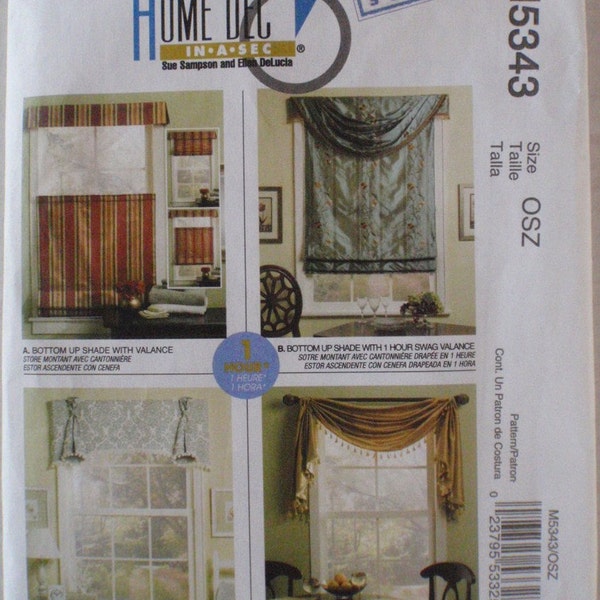 SALE - Home Dec In A Sec Sewing Pattern for Window Treatments - Valances, Shades, Swags - McCalls 5343 - Uncut