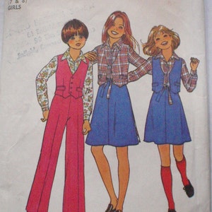 Girls Vintage Sewing Pattern - Button Front Shirt, Pants, Reversible Vest and Back Wrap Skirt - Simplicity 7909 - Size 7, Breast 26