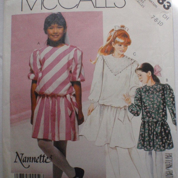 Girls Dropped Waist Dress Sewing Pattern by Nannette - McCalls 2783 - Size 7, Breast 26