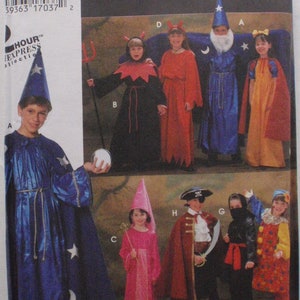 May include: Simplicity costume pattern featuring various children's costumes. The costumes include a wizard, devil, princess, pirate, and ninja. The pattern includes sizes AS, M, and L.