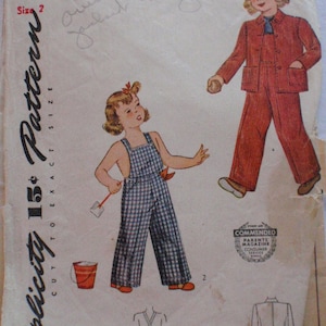 Childs Vintage Pattern - Overalls, Jacket and Cap - Simplicity 4114 - Size 2, Breast/Chest 21 - UNPRINTED