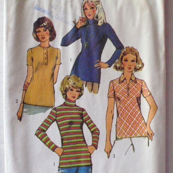 Women's 1970's Sewing Pattern -  Knit Tops - Simplicity 5185 - Size 12, Bust 34, Uncut