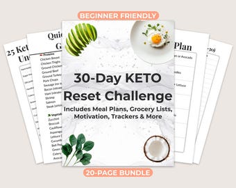 May include: A 30-Day Keto Reset Challenge guide with a 20-page bundle. The cover features a green avocado, a coconut, and an egg on a plate. The text "30-Day Keto Reset Challenge" is in large, bold letters. The text "Includes Meal Plans, Grocery Lists, Motivation, Trackers & More" is in smaller letters below the title. The text "20-Page Bundle" is at the bottom of the cover.