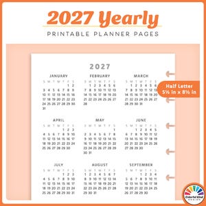 May include: A 2027 yearly printable planner page set featuring a calendar layout for January through September. The document includes the text 2027 Yearly Printable Planner Pages and a label indicating a half letter size of 5.5 inches by 8.5 inches.